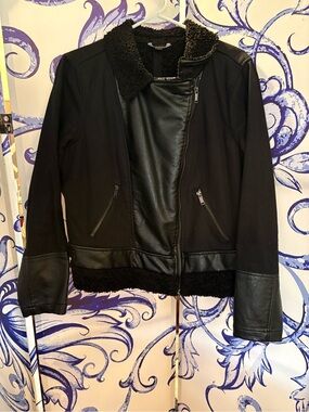 Rock & Republic Black Faux Leather Trim Jacket with Sherpa Collar